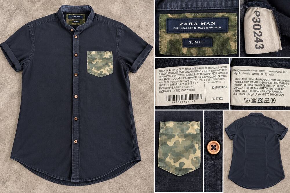 Zara Man Men’s Navy Camo Pocket Short Sleeve Slim Fit Shirt Size L